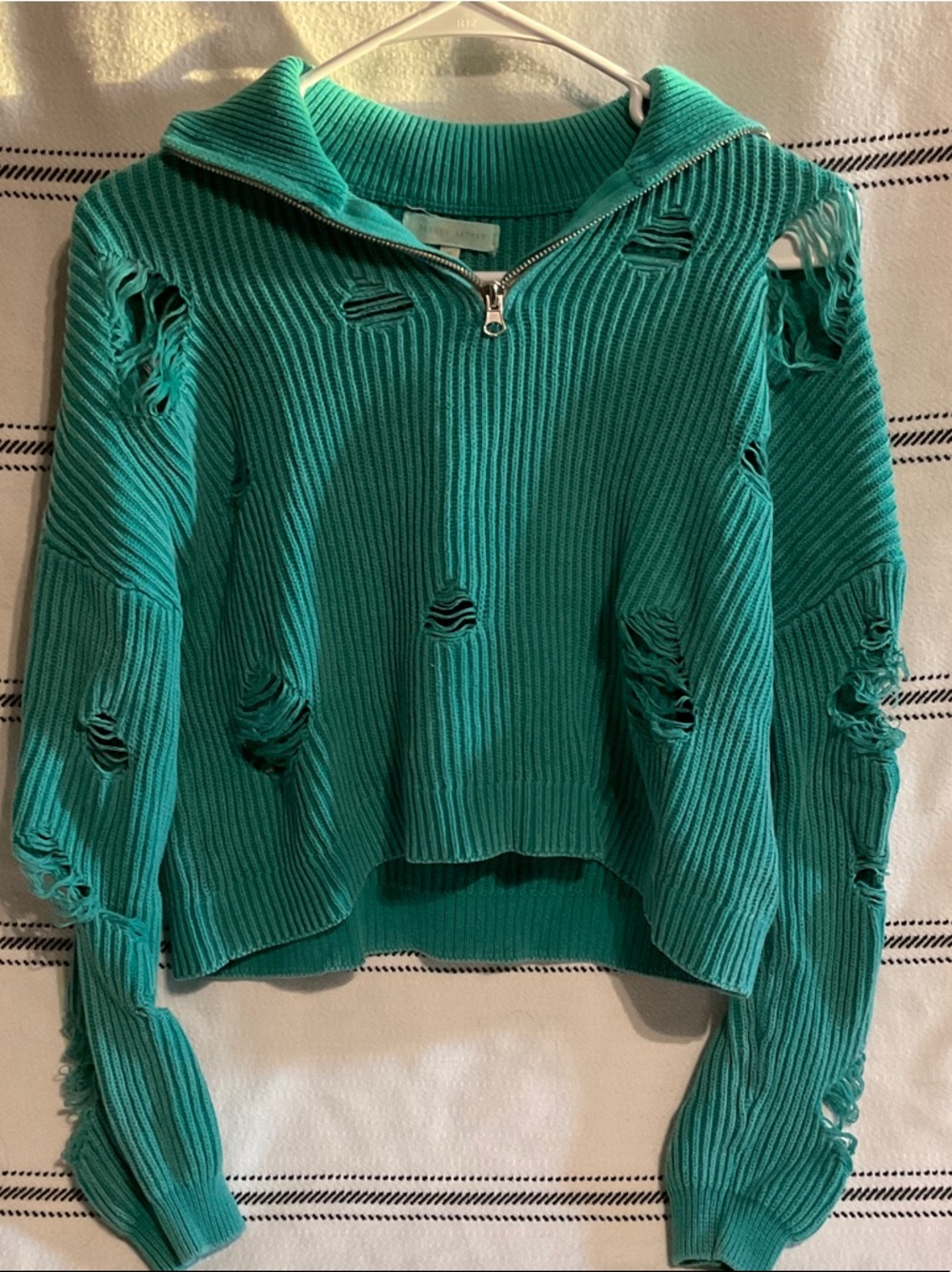 Gilded Intent Teal Distressed Ribbed Half-Zip Sweater